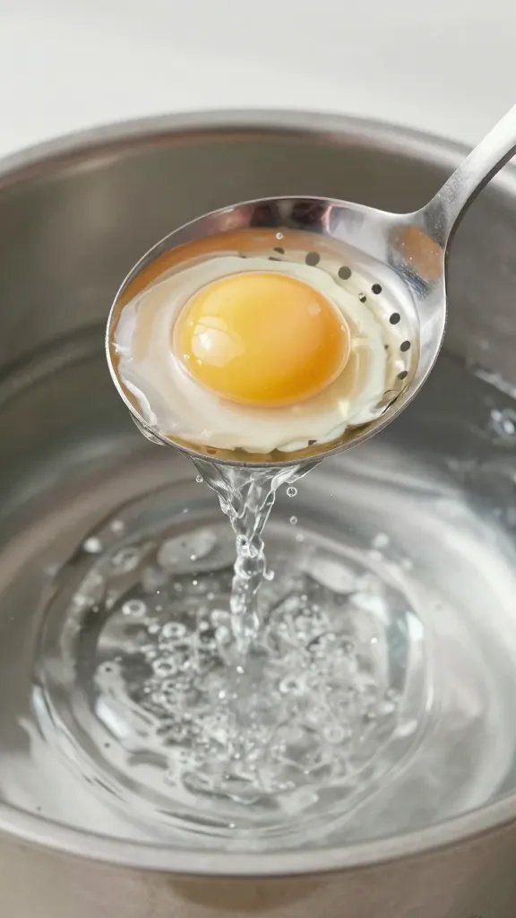 slotted spoon lifting boiled egg from rolling water