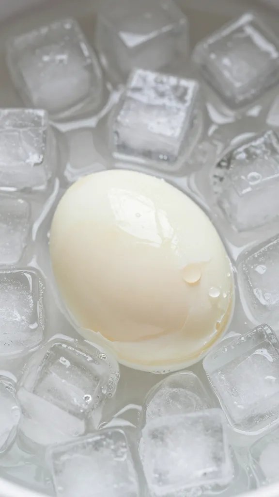ice bath with single peeled egg, crystal-clear cubes closeup