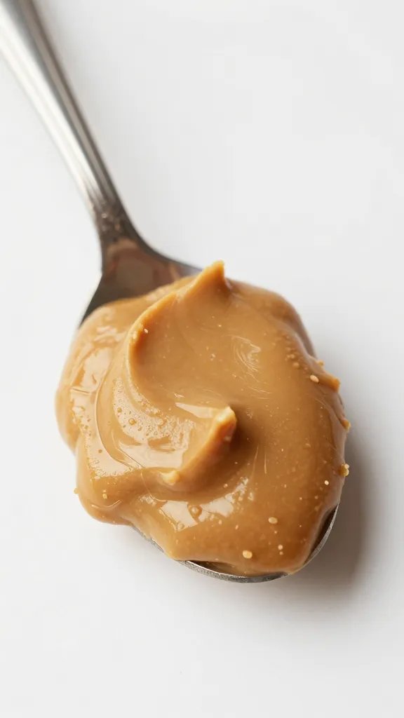 Spoonful of natural peanut butter, smooth surface