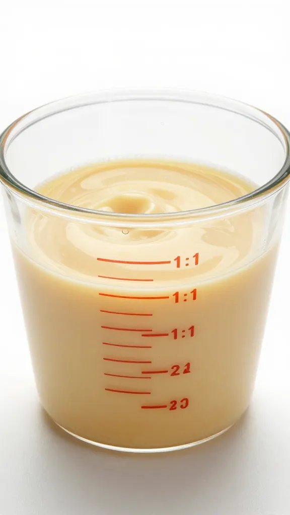 Measuring cup showing 1:1 fats mixture, glossy