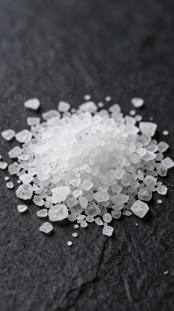 Pinch of flaky sea salt on dark backdrop