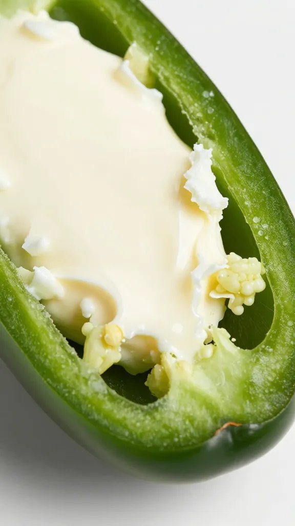 closeup jalapeño popper cross-section showing intact cream cheese