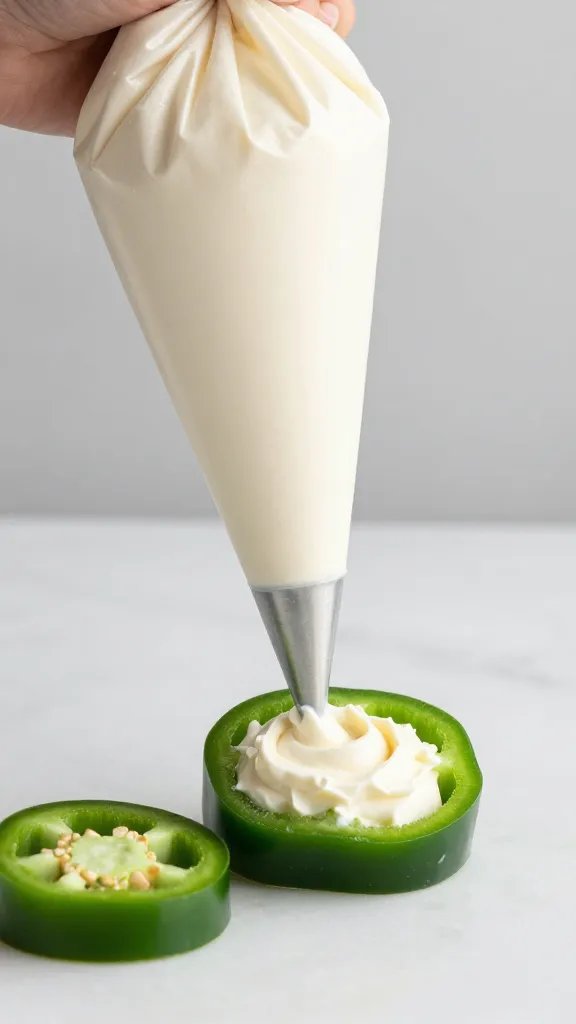 piping bag tip filling jalapeño with cream cheese