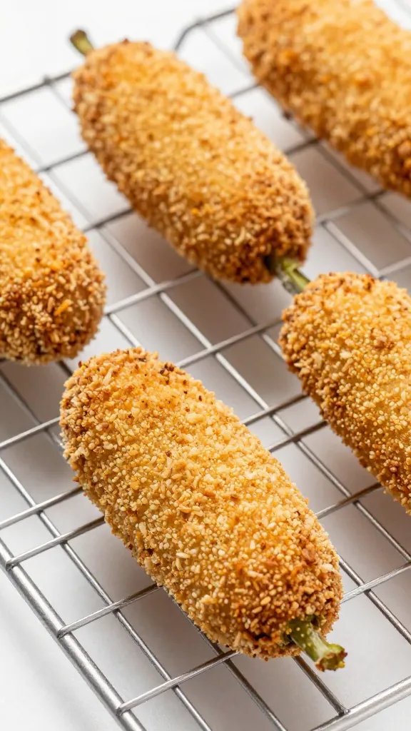 breaded jalapeño popper on wire rack, crumbs adhered