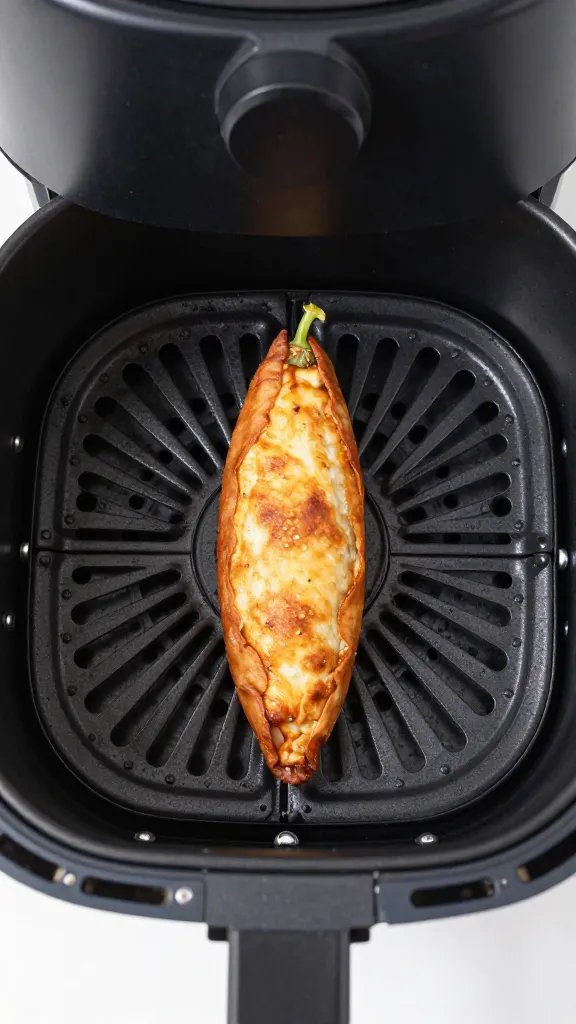air fryer basket with one jalapeño popper centered