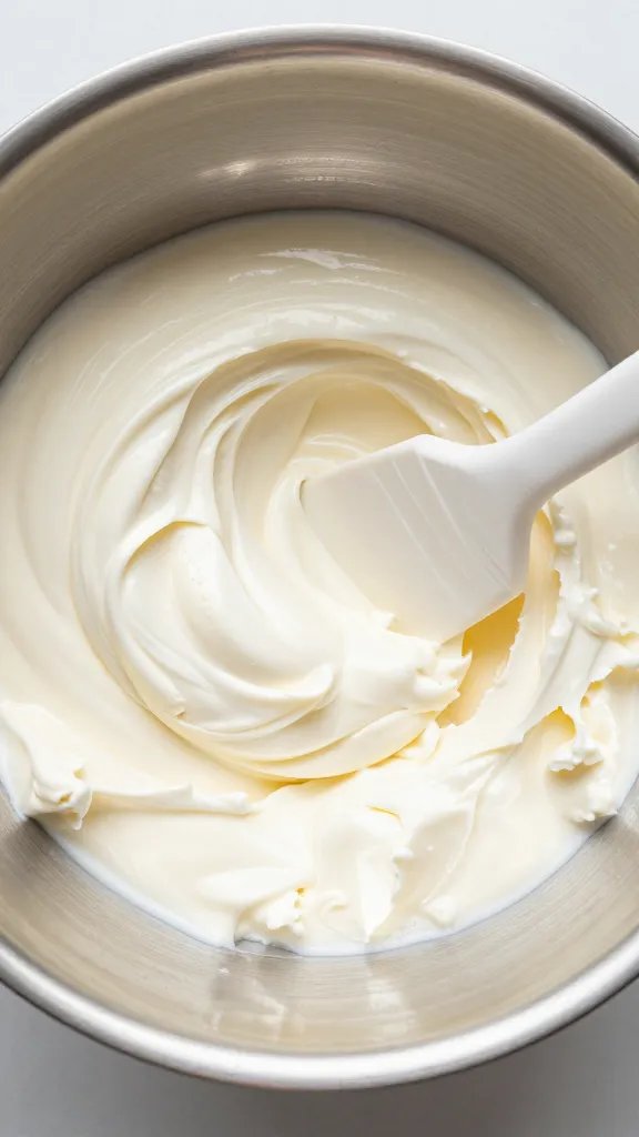 cream cheese mixture in stainless bowl, silicone spatula swipe