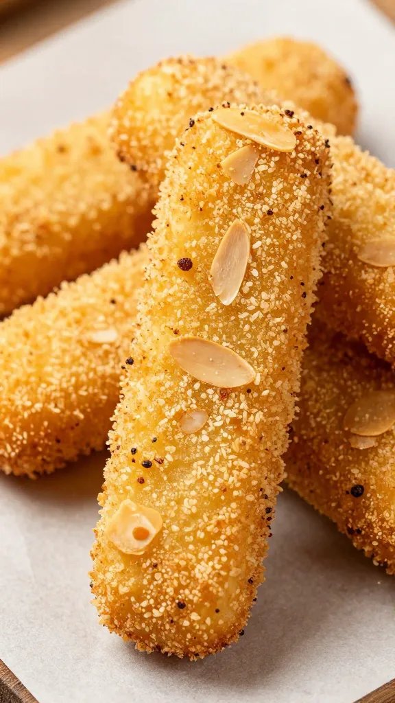 closeup of almond-crusted mozzarella stick on parchment