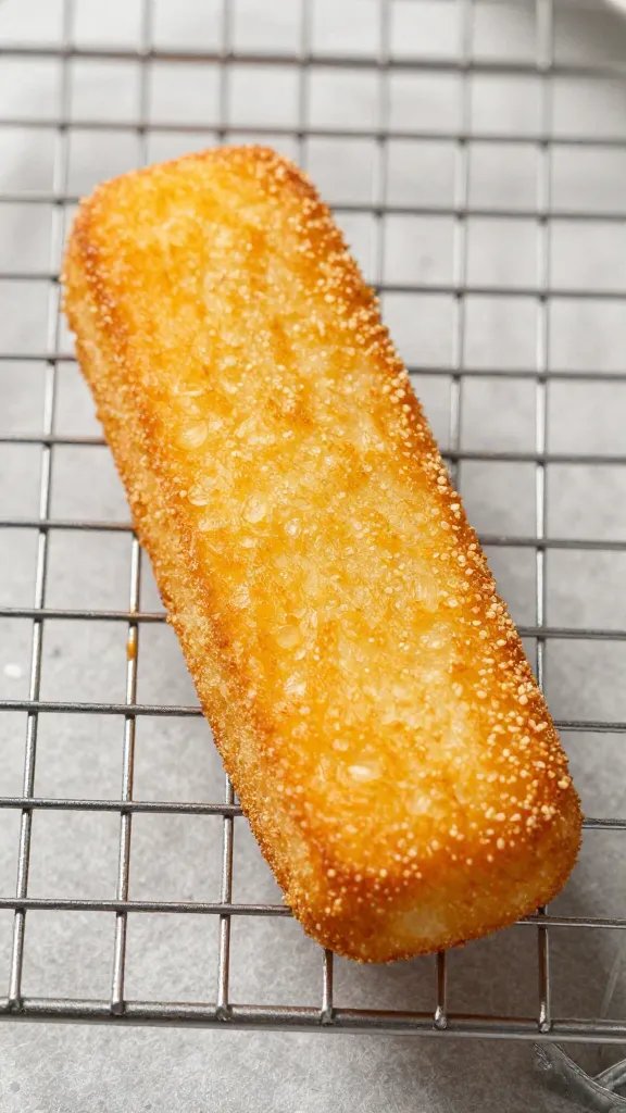 single breaded mozzarella stick on wire rack, golden crust