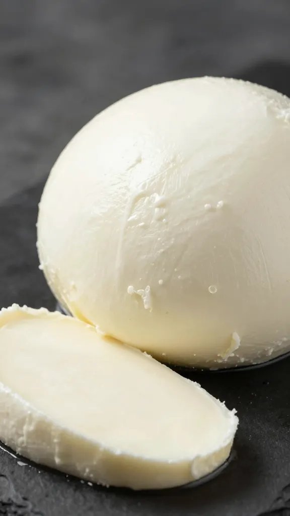 cut block of part-skim mozzarella, one stick foreground