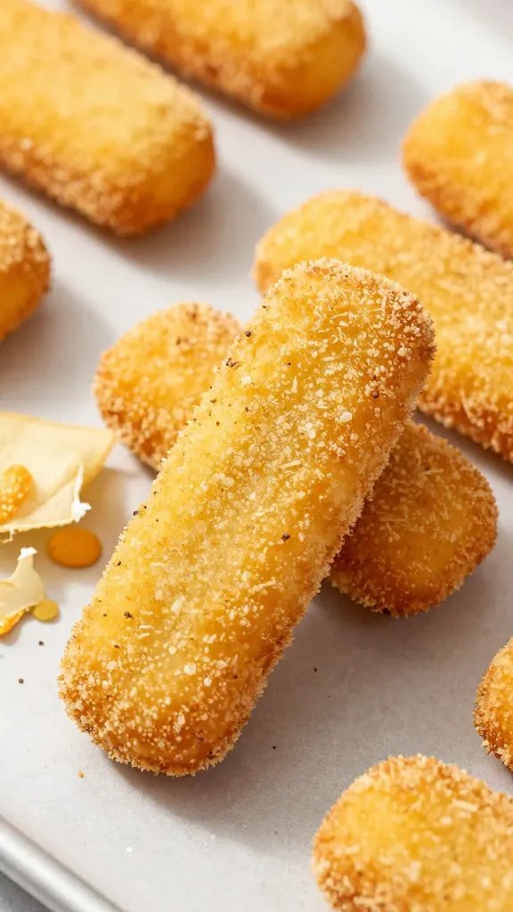 frozen breaded mozzarella stick on baking sheet, closeup