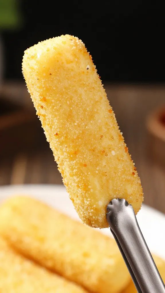 beaten egg-coated mozzarella stick held by tongs, closeup
