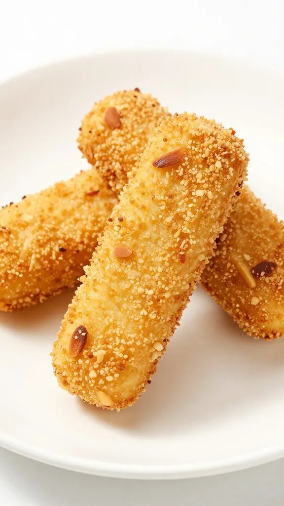 toasted almond crumb-coated mozzarella stick on white plate