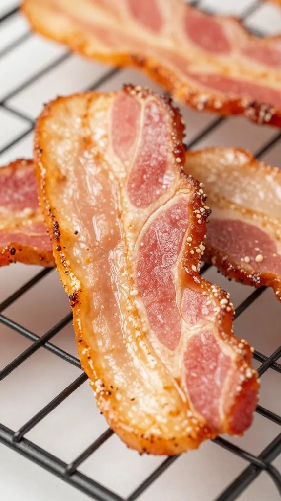 closeup maple-glazed bacon chip on wire rack