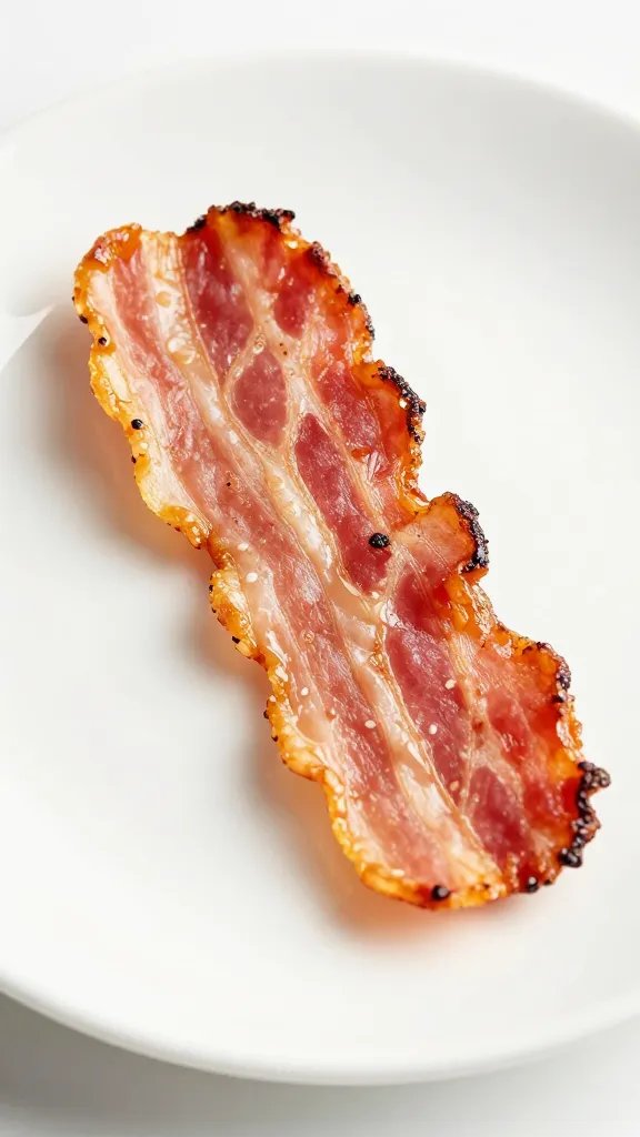 single crispy bacon chip on white ceramic plate
