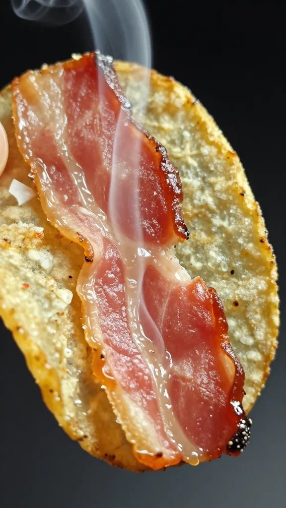 bacon chip with visible smoke ring, macro shot