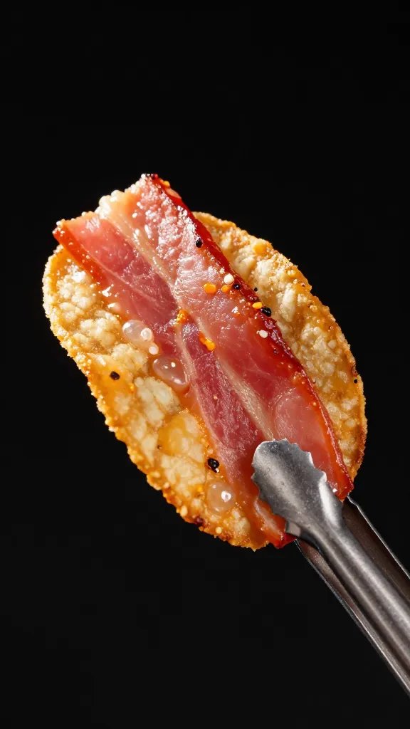 bacon chip held by tongs, studio lighting