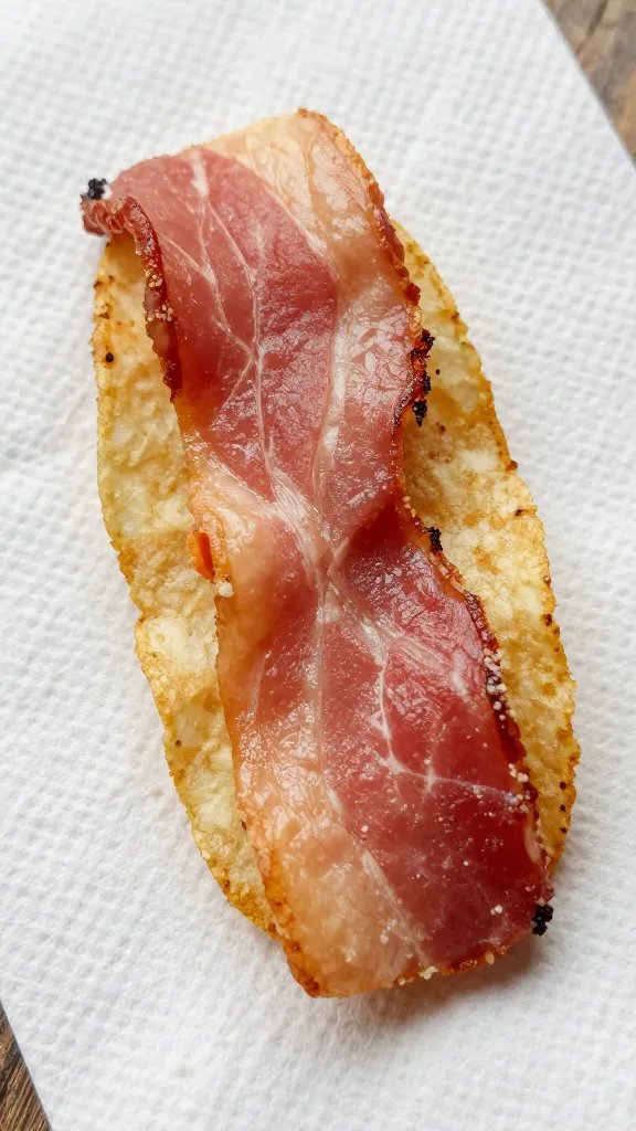bacon chip resting on paper towel, overhead closeup