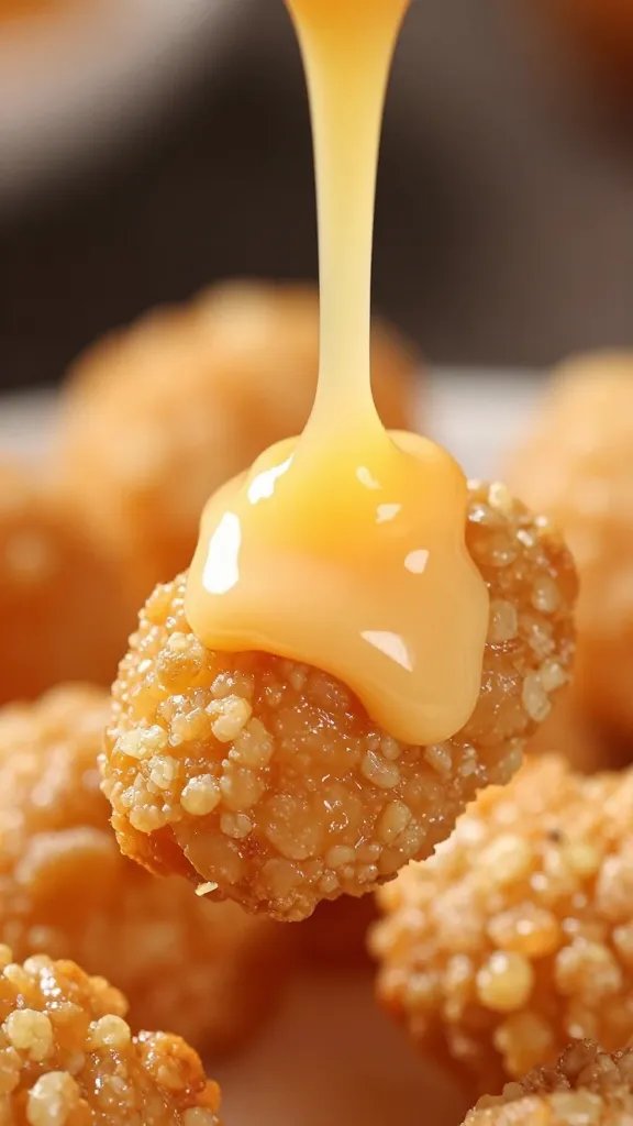 closeup of glossy cheese sauce pouring over single pork rind