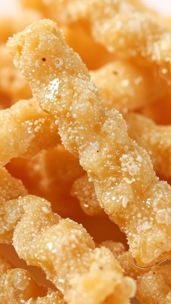 macro shot of silky cheese-coated pork rind ridge