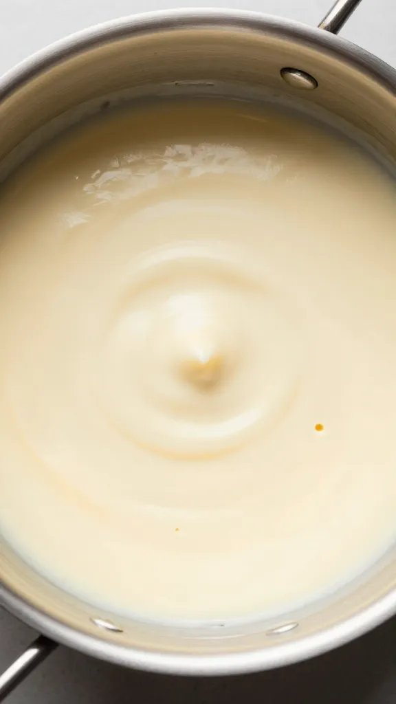 stainless saucepan with smooth cheese sauce, overhead closeup