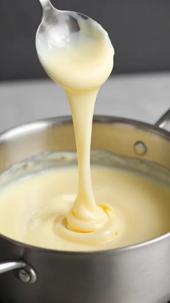 whisk lifting ribboning cheese sauce from small pot, closeup
