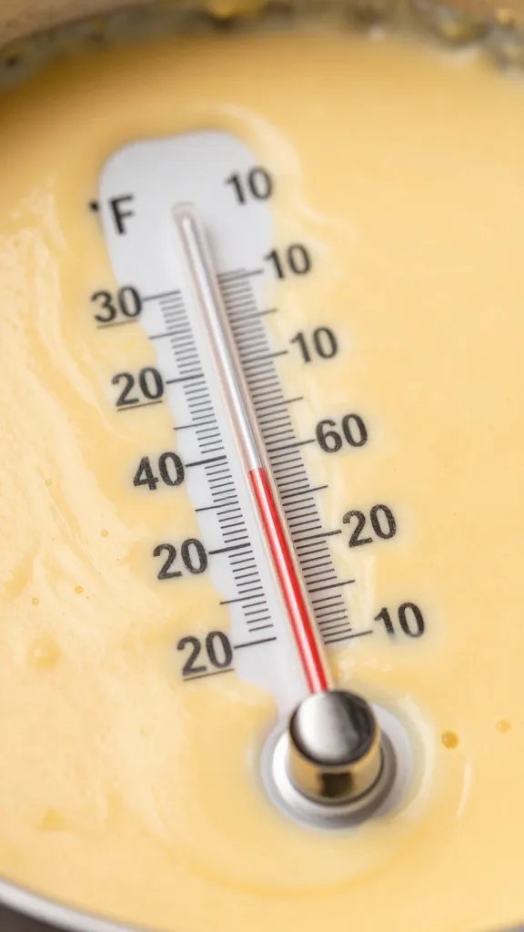 thermometer reading 160°F in cheese sauce, tight shot