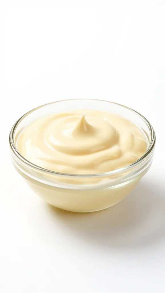 small glass bowl of emulsified cheese sauce, studio lighting