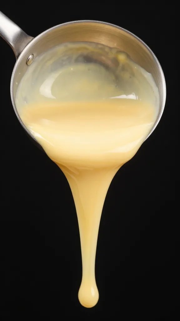 ladle dripping glossy cheese sauce, black background