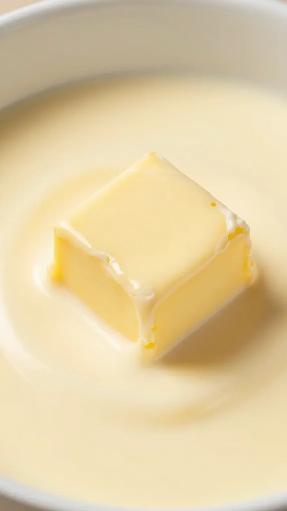 butter cube melting in cream for sauce, closeup