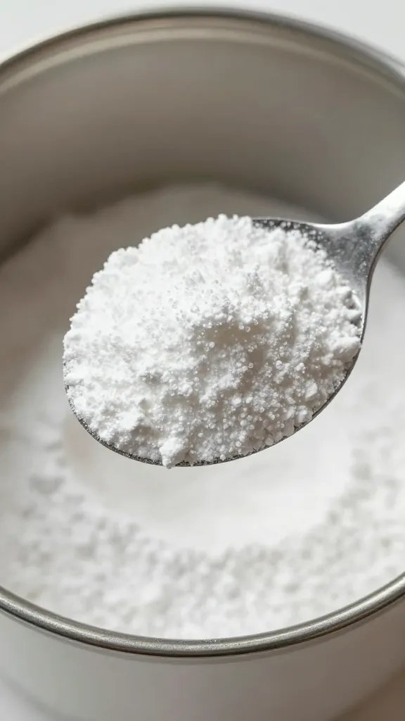 sodium citrate powder on spoon above pot, tight focus