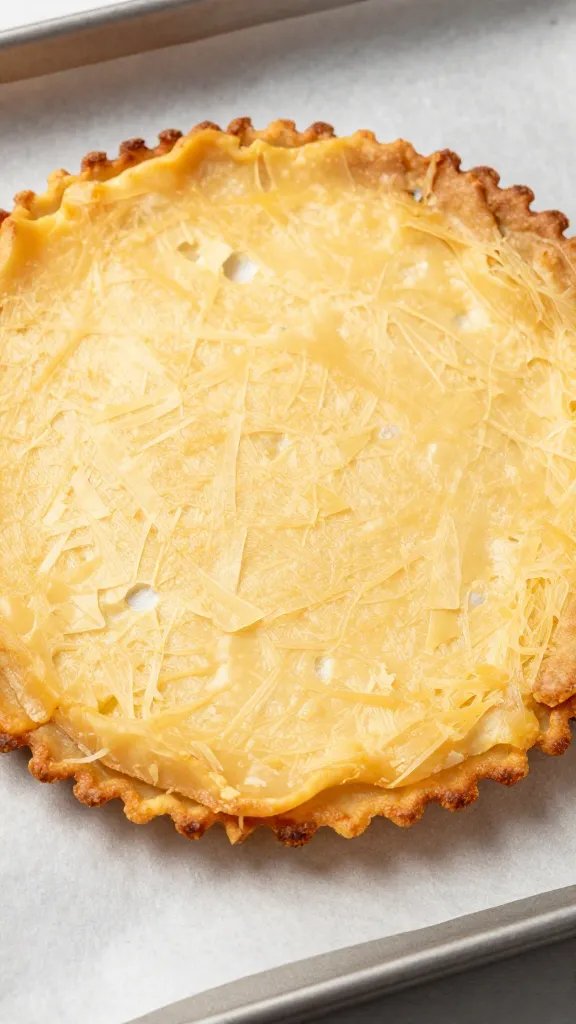 single asiago cheese crisp on parchment-lined sheet