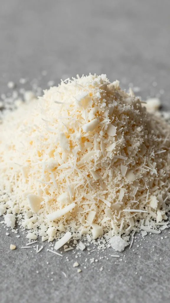grated parmesan mound with visible potato starch label