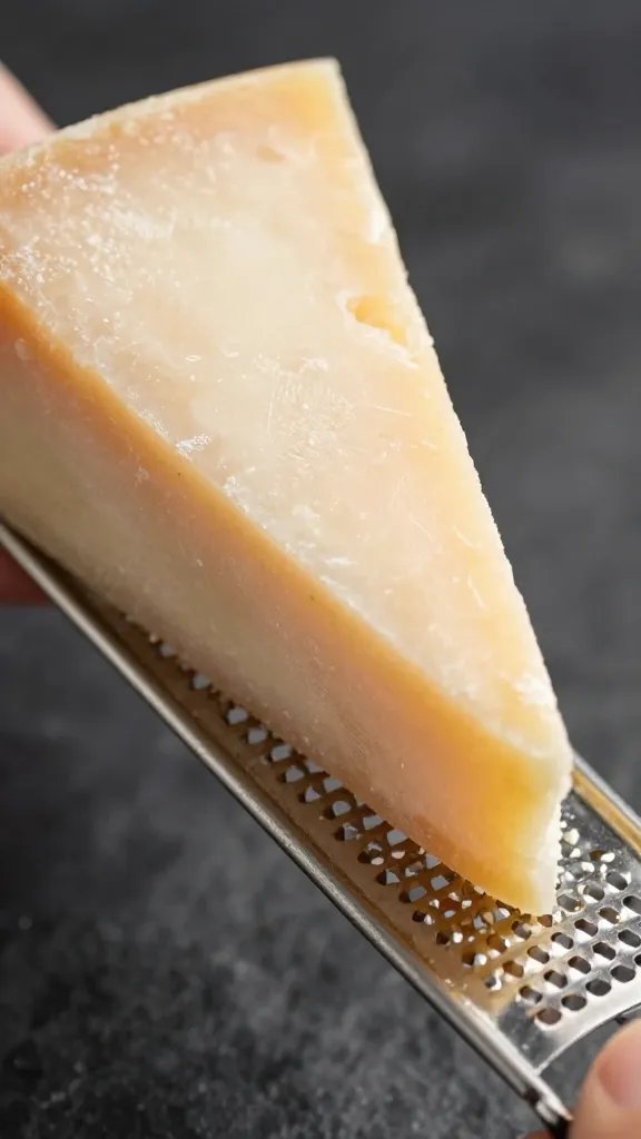 microplane grater shaving parmesan wedge, closeup