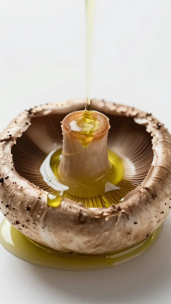 single portobello cap brushed with olive oil, macro