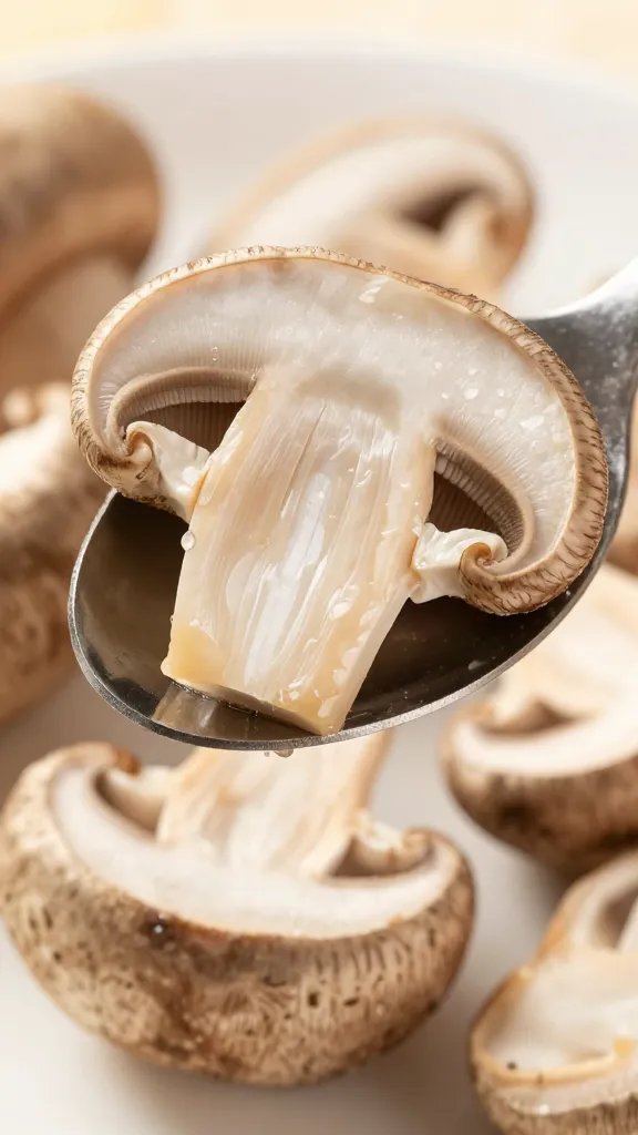 spoon scraping portobello gills, tight closeup