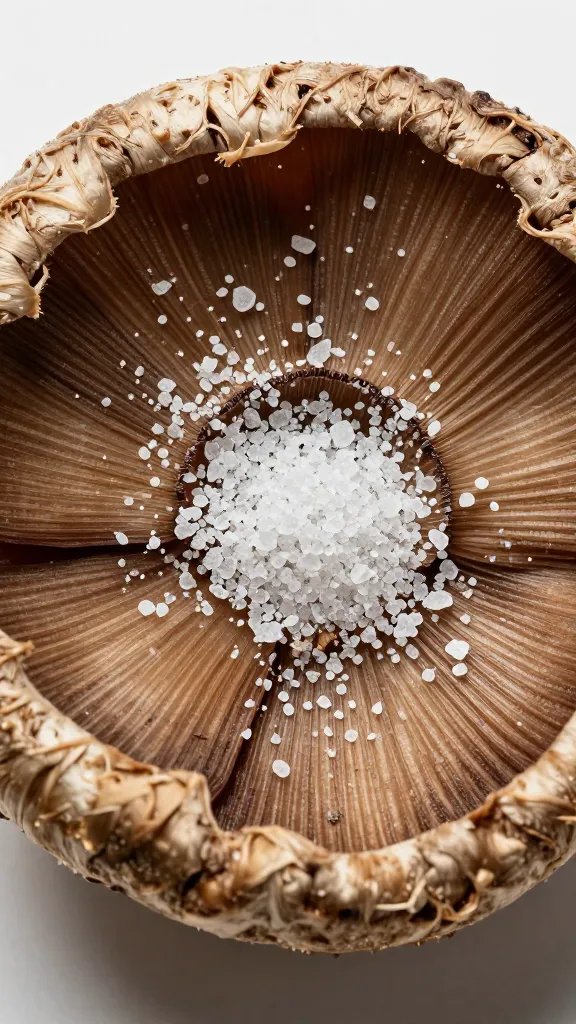 portobello cap sprinkled with kosher salt, overhead macro