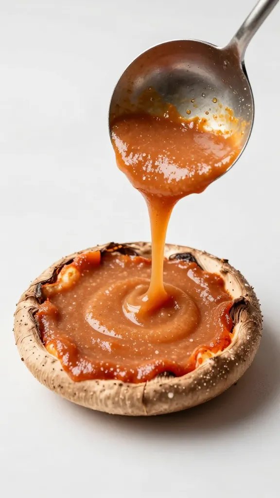 ladle spreading pizza sauce inside portobello cap