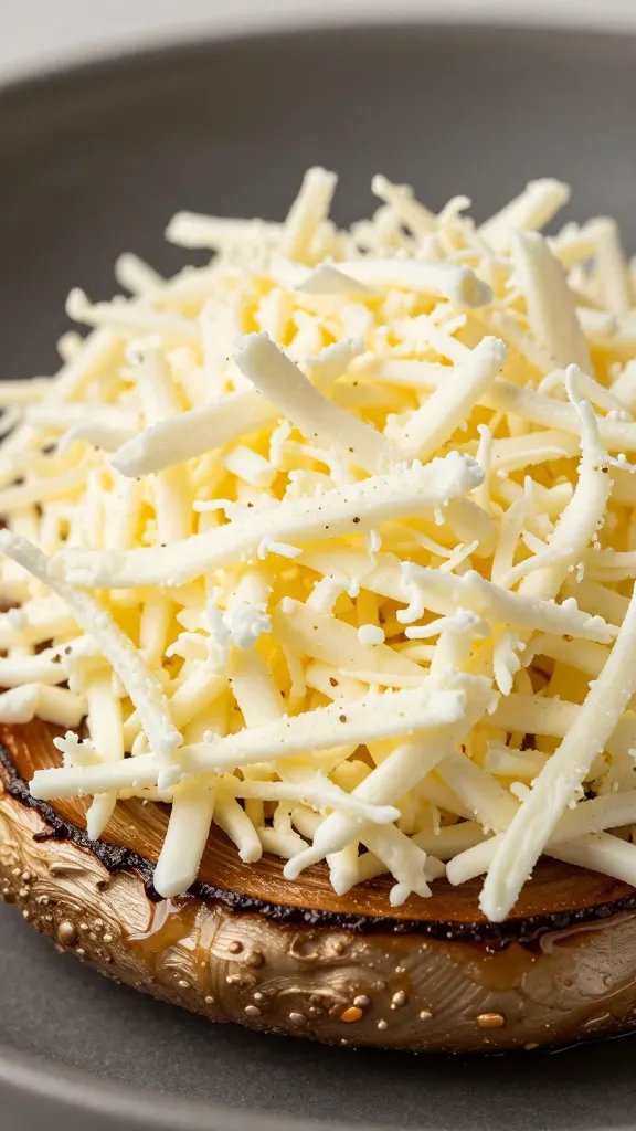 shredded low-moisture mozzarella mound in portobello cap