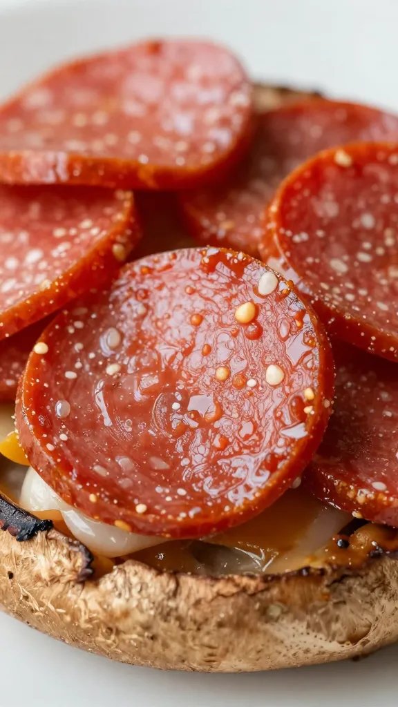 curled pepperoni slices atop portobello cap, closeup