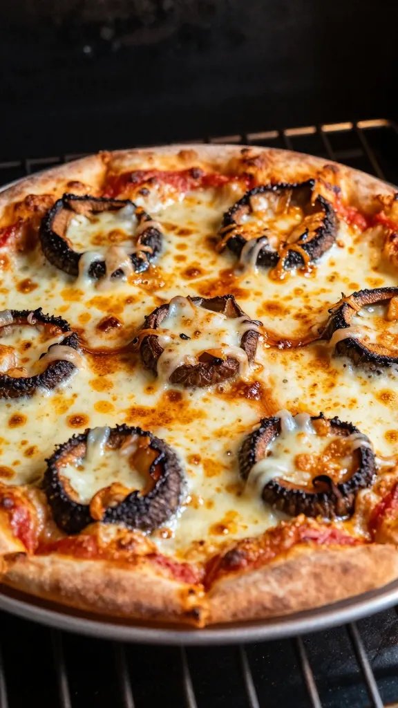 sizzling portobello pizza under broiler, blistered cheese