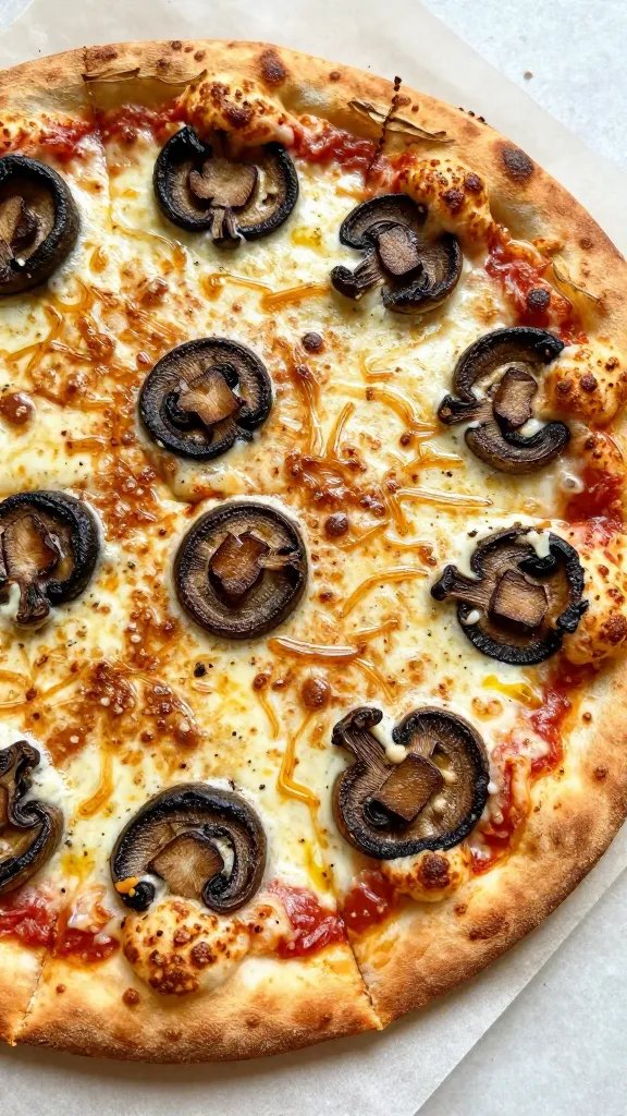 finished portobello pizza on parchment, crisp rim closeup