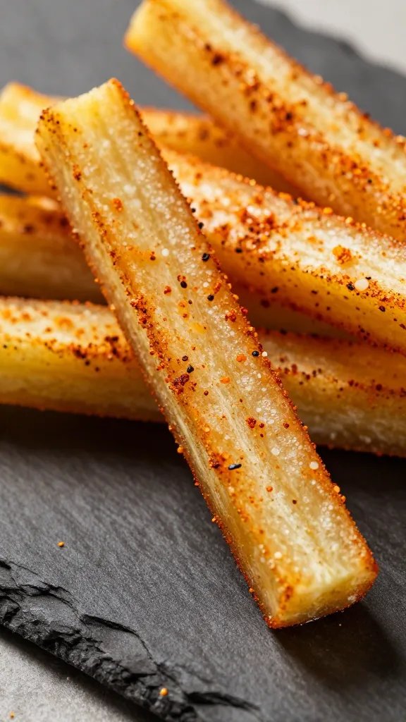 closeup jicama stick dusted with Tajín on slate