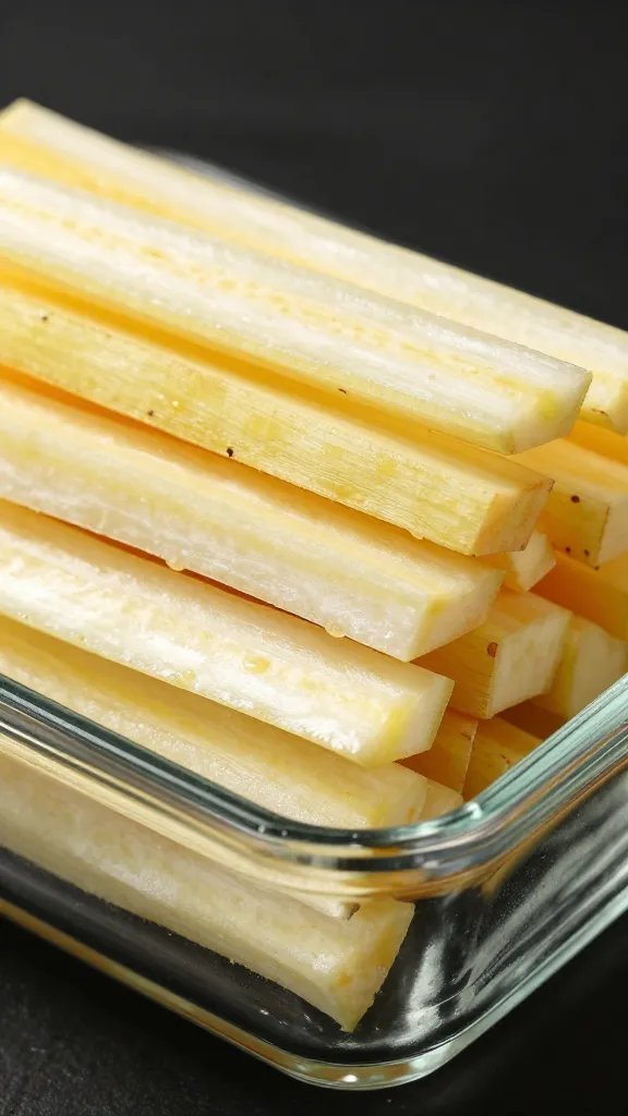 glass container corner showing stacked jicama sticks