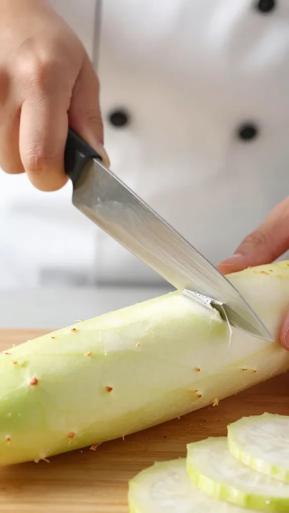 chef knife tip peeling jicama skin, tight focus