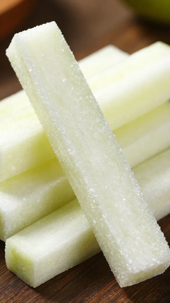 coarse salt crystal on Tajín-lime jicama stick