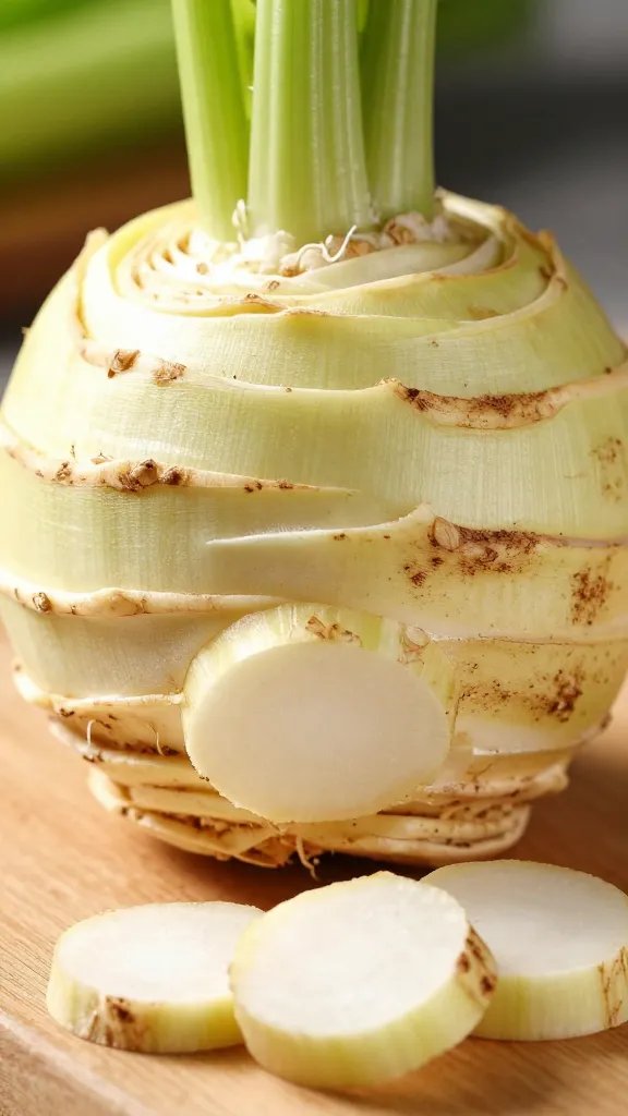 closeup celery root bulb, trimmed flat ends, on board