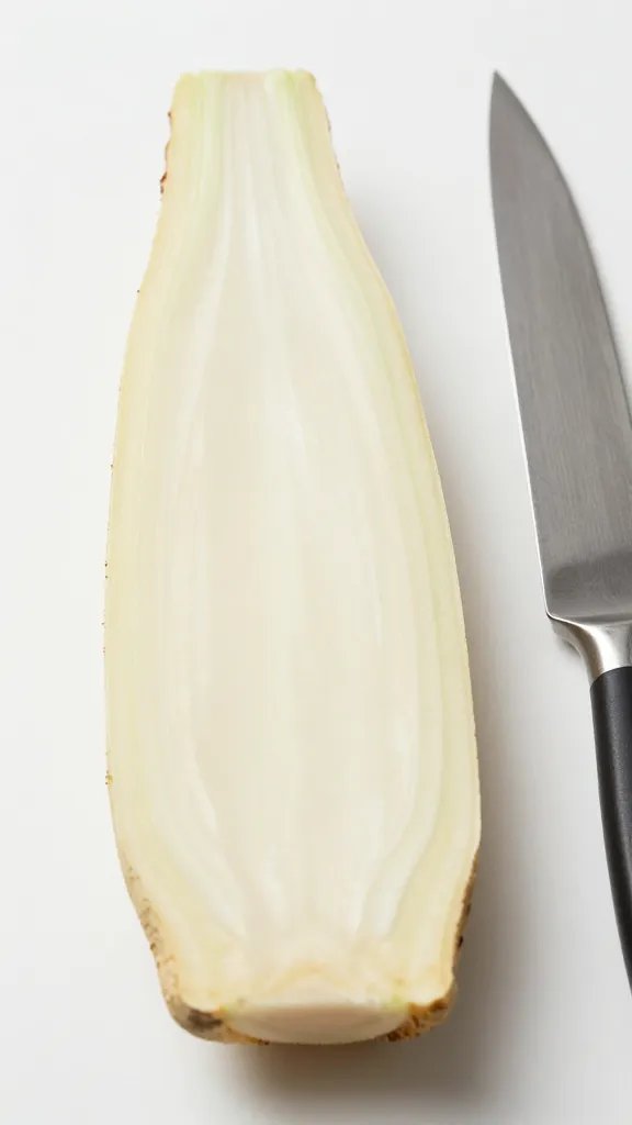peeled celeriac slab, 1/2-inch thickness, knife beside