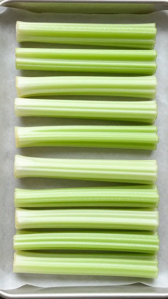 raw celery root batons, uniform 1/2-inch, parchment-lined tray