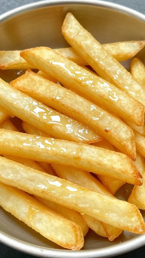 tossed celery root fries glistening with oil, metal bowl