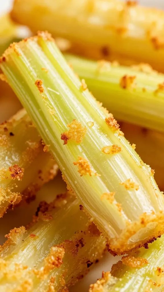 golden baked celery root fry, extreme closeup, crisp edges